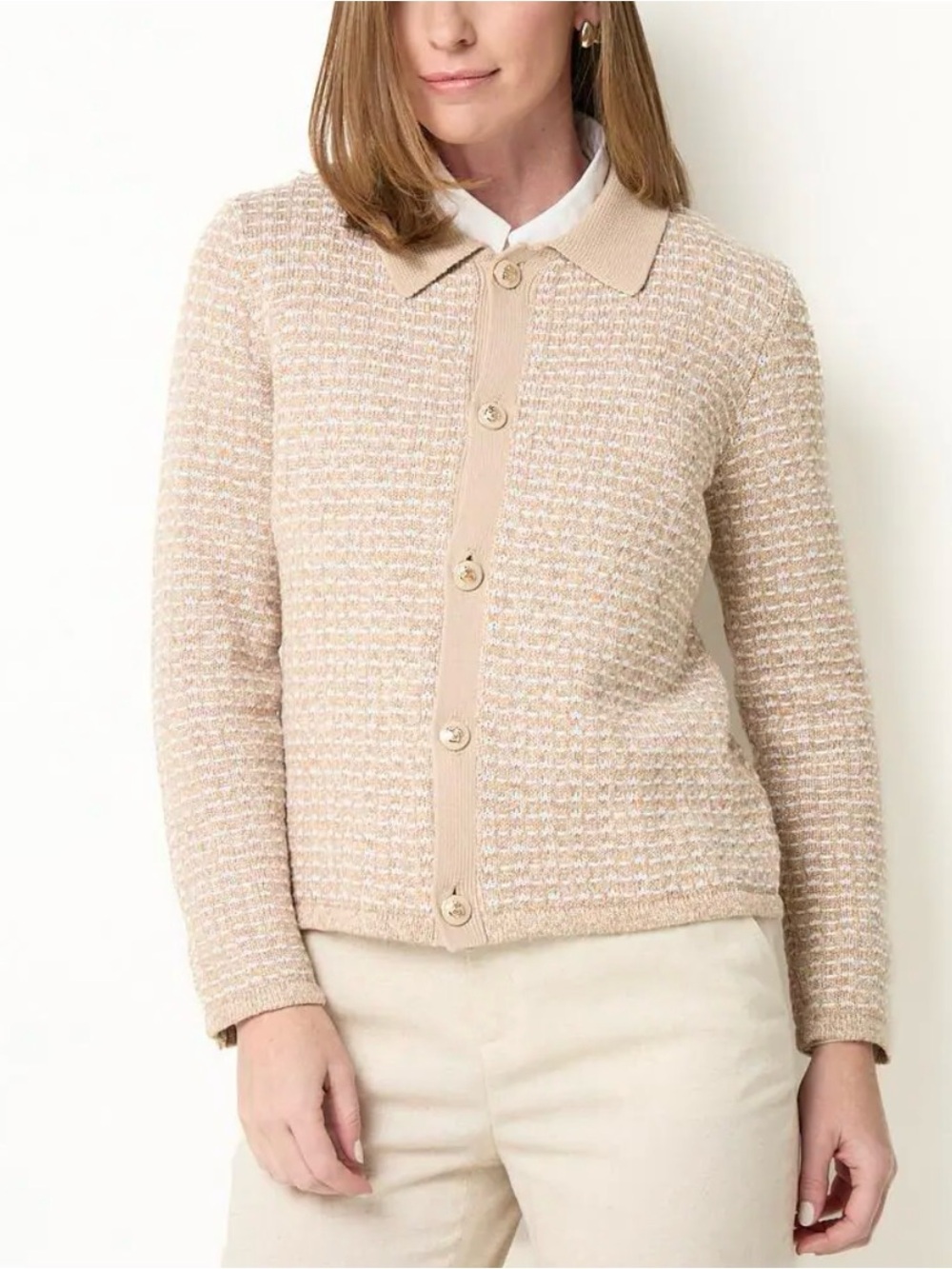 Talbots Women Knit Cardigan Sweater Top Shirt S Beige Gold Button Contrast Trim